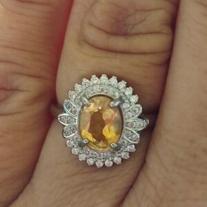 Solitaire Vintage Citrine Ring 925 Sterling Silver Diamonds 7 1.16ct Oval Cut